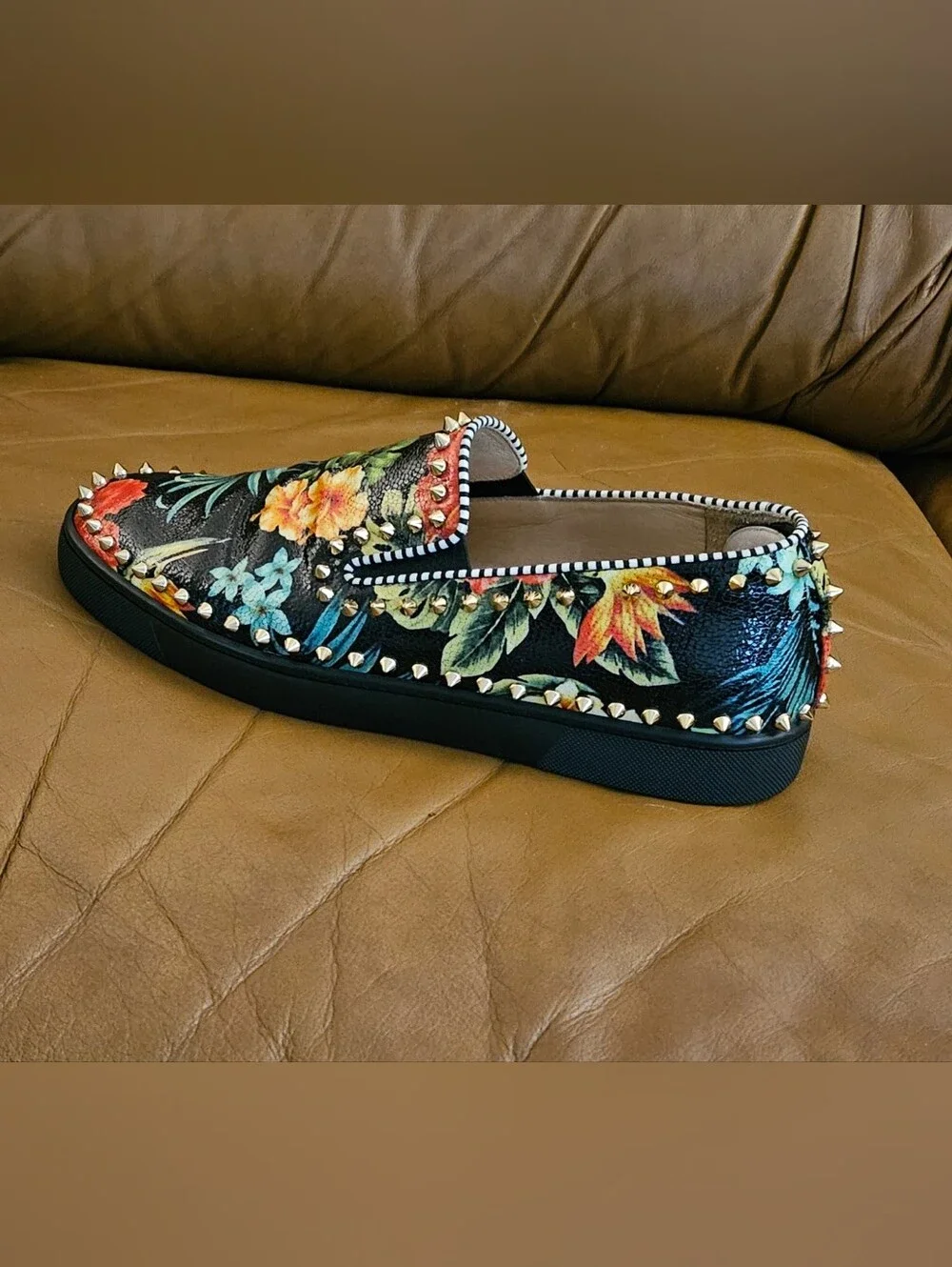 Men's Christian Louboutin Floral Spike-Studded Slip-On Loafers Size 11 US